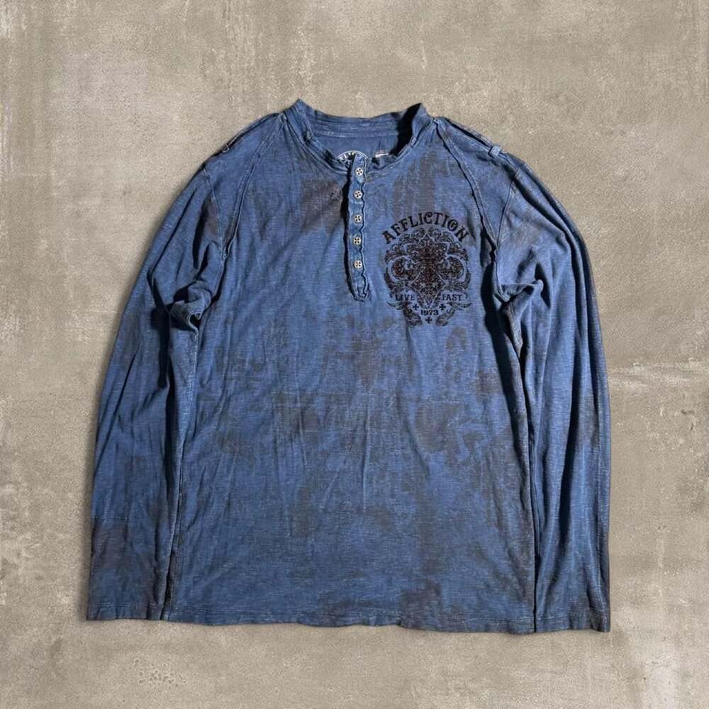 Affliction Live Fast Long Sleeve Henley Size Large Blue Graphic Thermal